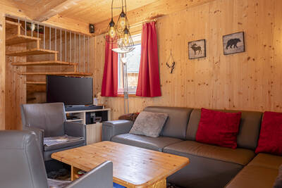 Cozy living room with TV in a chalet at Alps Resorts Almdorf Stadl