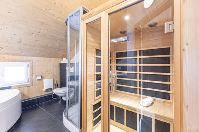 Bathroom with bath, toilet and sauna in a holiday home at Alps Resorts Feriendorf Murau