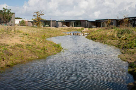 A ditch with holiday homes at the Roompot Ameland holiday park in the background