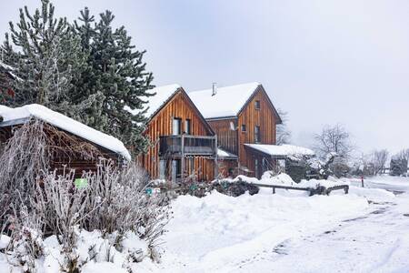 Winter photo of detached wooden holiday homes at Alps Resorts FerienPark Kreischberg